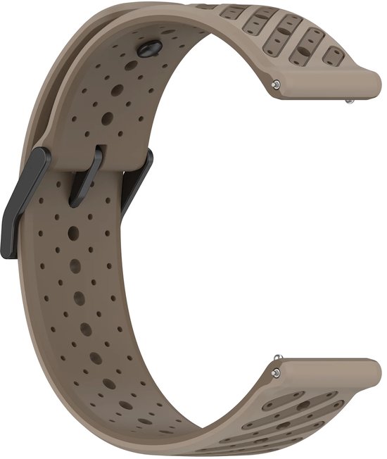 Bruine siliconen horlogeband met geperforeerd gestreept patroon en zwarte gesp.