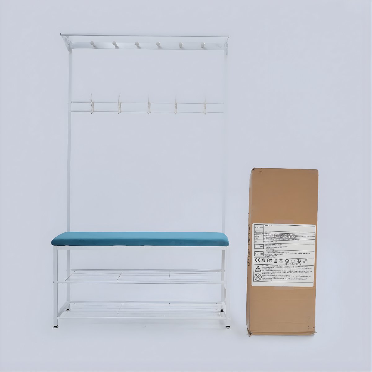 Kapstok met bank - Kledingrek - Schoenenrek - Voor kledingopslag en schoenen - Multifunctioneel - Met haken en bankje - Blauw – foto 6