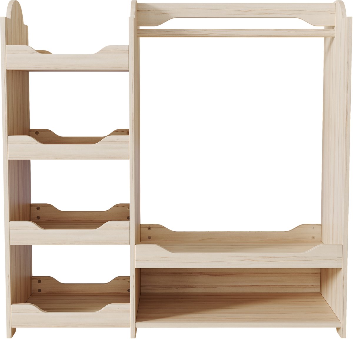 Kinderkledingkast met kledingstang en 4 wielen, opbergruimte voor kinderkamers, vrijstaande kast van natuurlijk hout, 110*39*110 cm