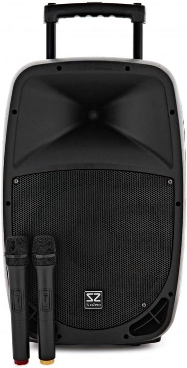 Draagbare PA-luidspreker met Bluetooth en 2 draadloze microfoons – tot 6 uur speeltijd, 60W RMS, USB/SD-aansluiting en trolley-systeem voor makkelijk vervoer