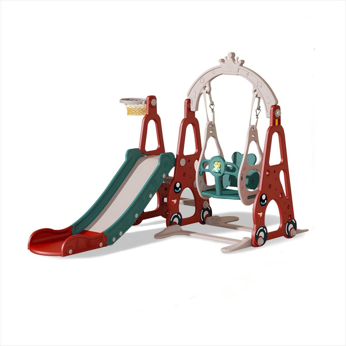 4 In 1 Glijbaan voor Kinderen-Glijbaan en Schommelset-met Basketbalring- Klimspeelhuisjes voor buiten-Rood