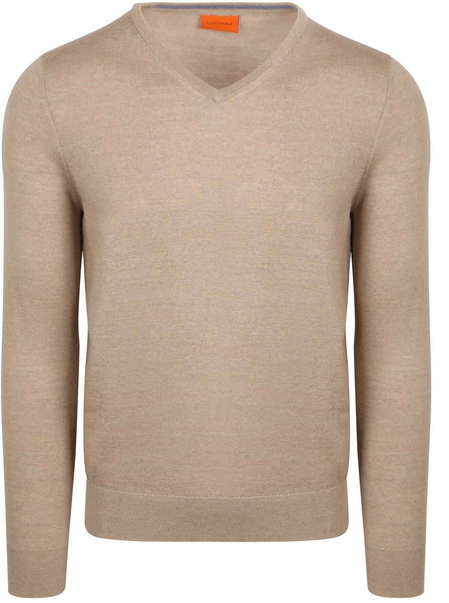 Suitable Merino Pullover V-Hals Beige - Maat L - Heren