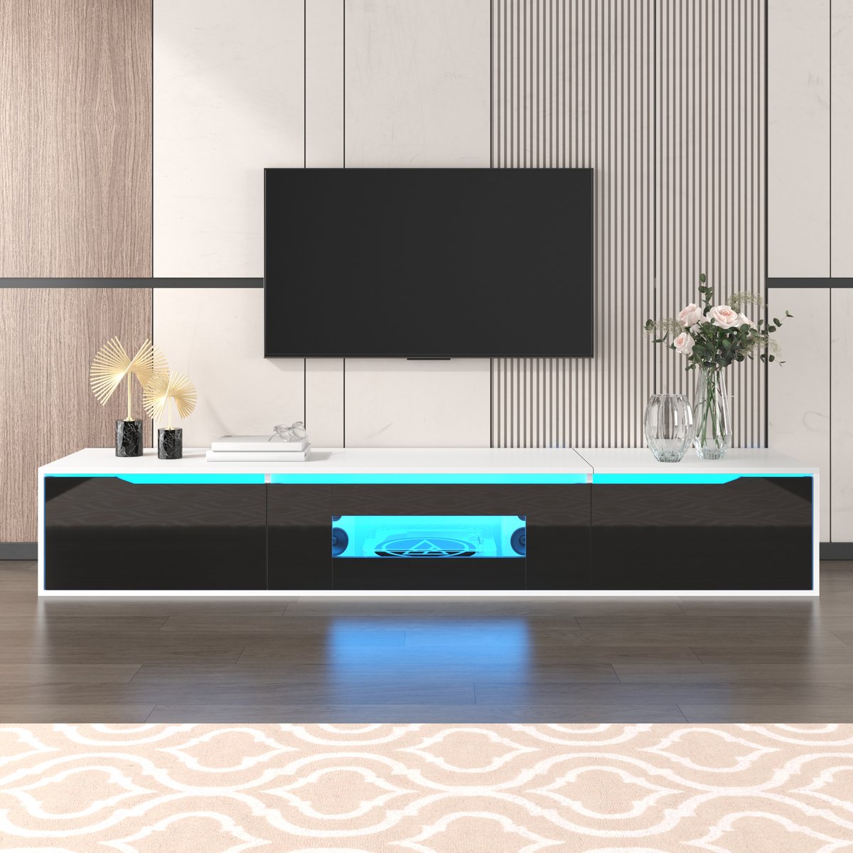 MODFU TV-meubel 180x35x30 cm van spaanplaat, hoogglans wit en zwart, met kleurwisselende LED en geribbelde deuren