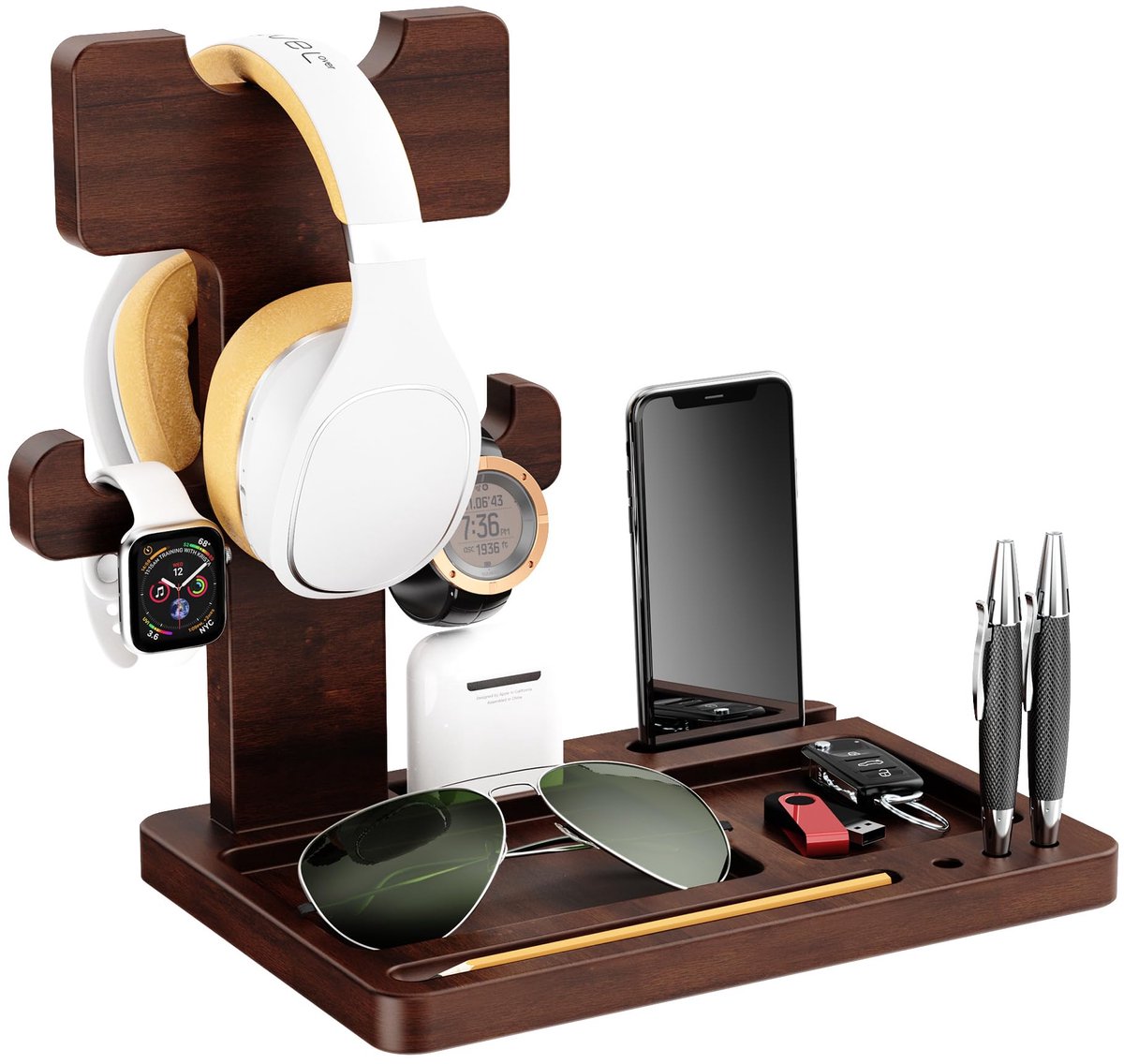 Unyqoos® Houten headset standaard met multifunctionele opbergruimte voor bureau
