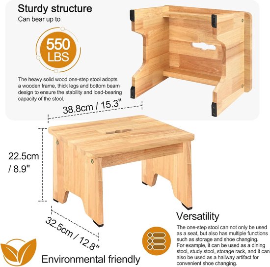 Houten opstapje voor volwassenen en senioren - Draagbare stahulp met antislipvoetjes voor badkamer, keuken en meer (22 cm) — afbeelding 3