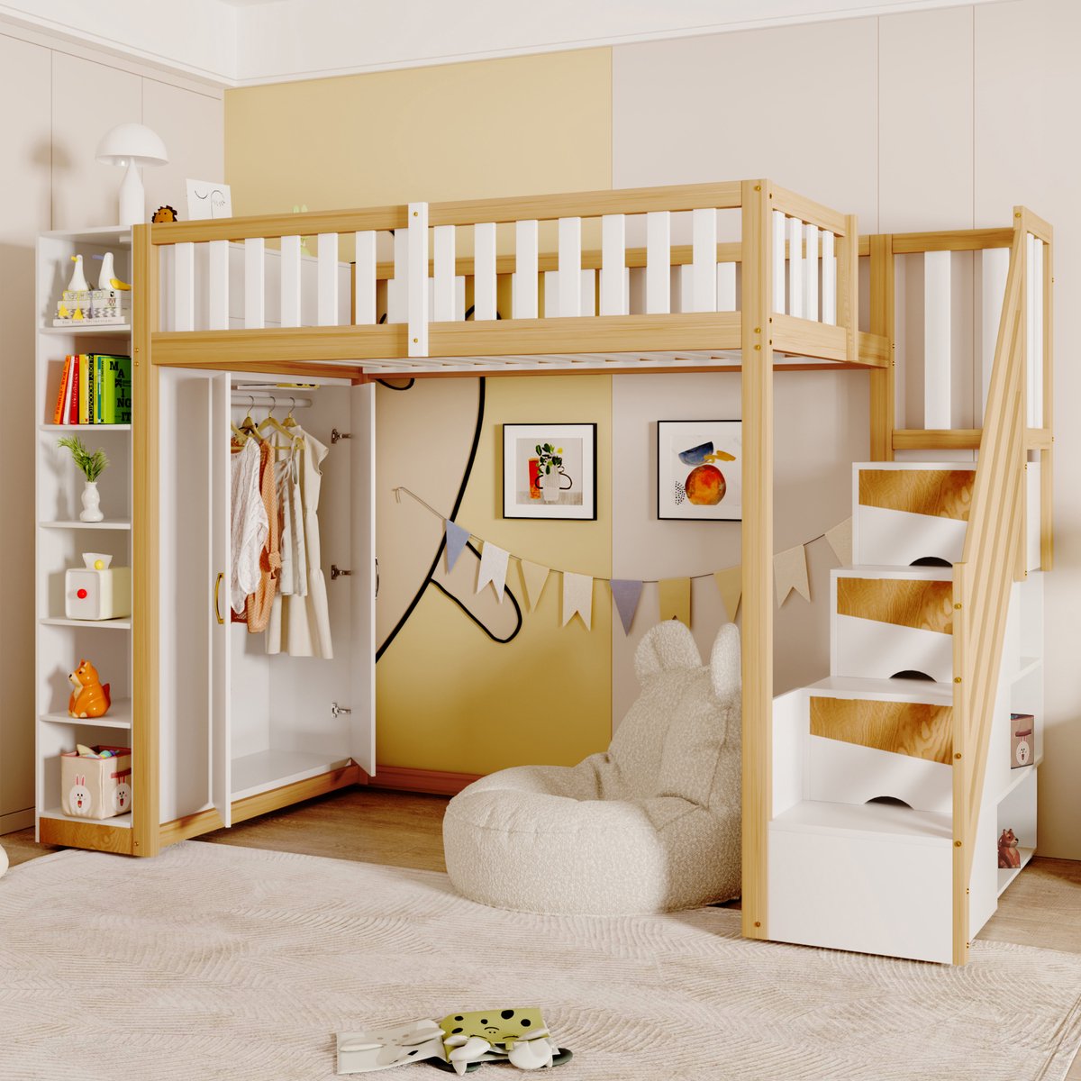 Sweiko Hoogslaper - 90x200cm - Opbergplank - Kledingkast - Kinderbed - Natuurlijke + Wit (zonder bank)