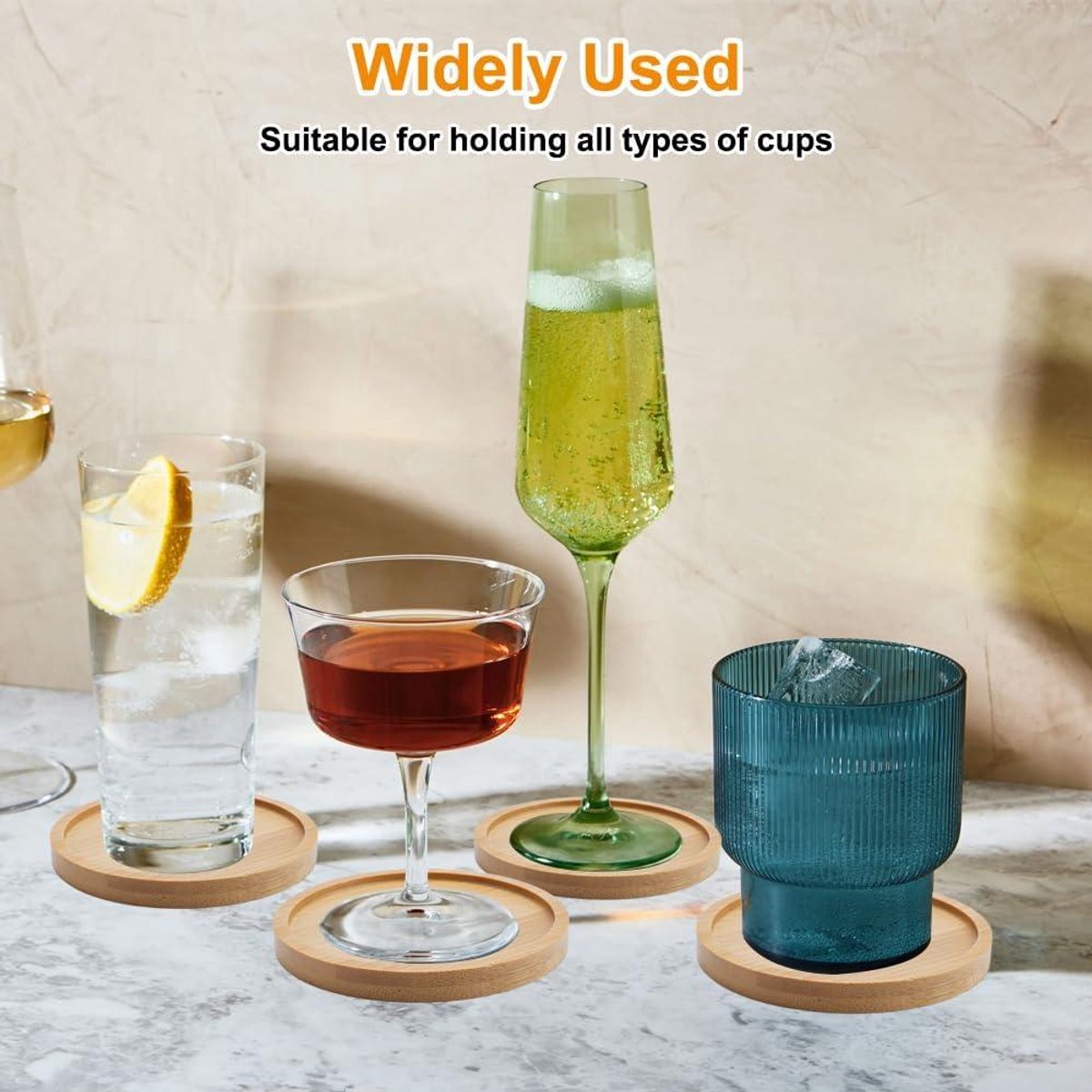 Allecta - Bamboe onderzetters set van 6 - rond - glazen - houder - dranken - wasbaar - zacht - 10 cm