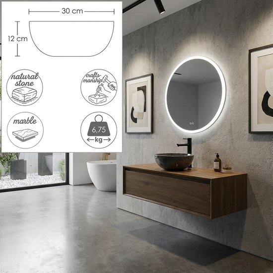 Lavis rond foncé gris en marbre avec robinet et miroir éclairé.