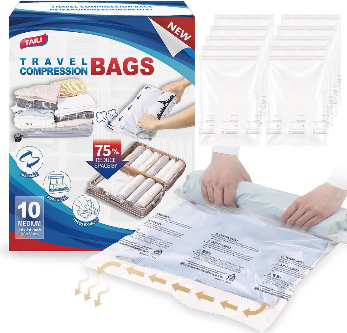 Vacuümzakken voor Kleding en Reizen - 10 Stuks 40 x 60 cm - Herbruikbare Opbergzakken