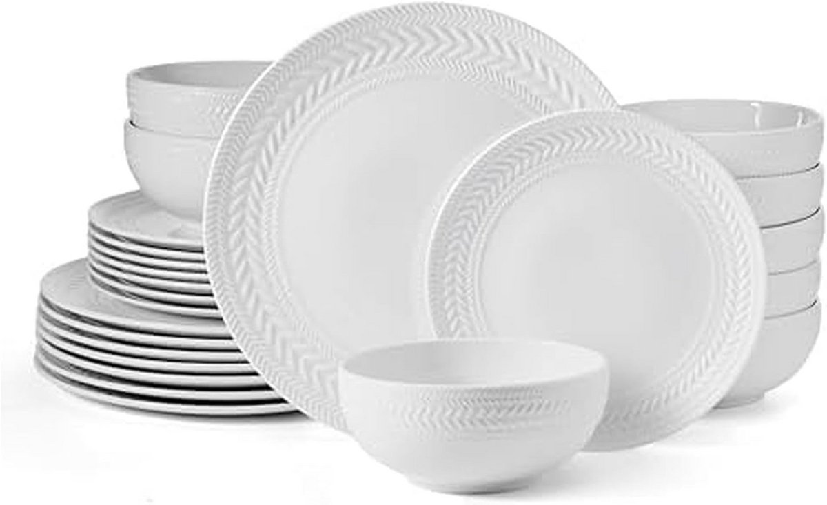 24-delige servies set voor 8 personen - Wit porselein met mandweef-design
