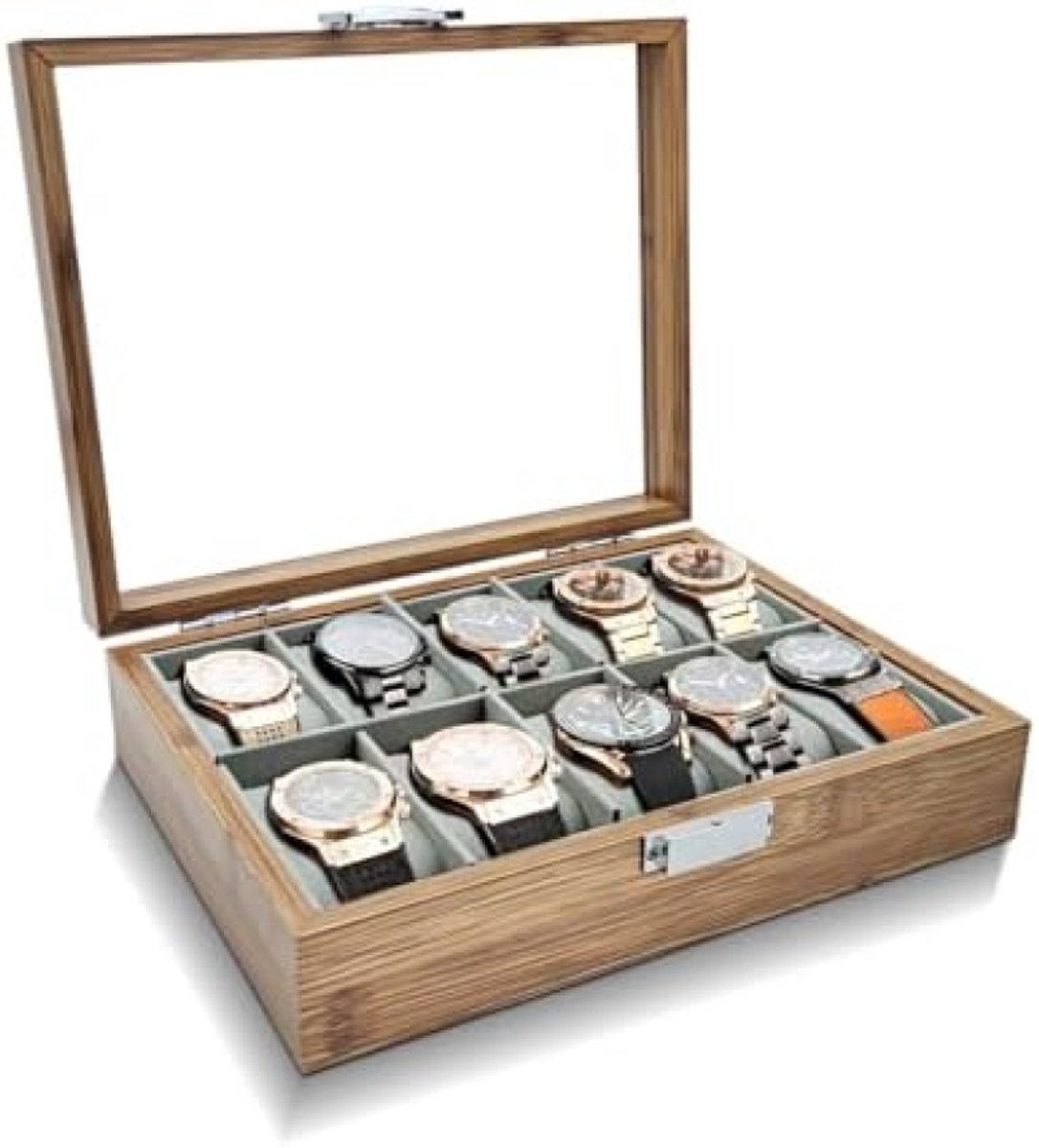 PromoHome Houten Horlogeopbergdoos met 10 Sleuven en Glazen Deksel