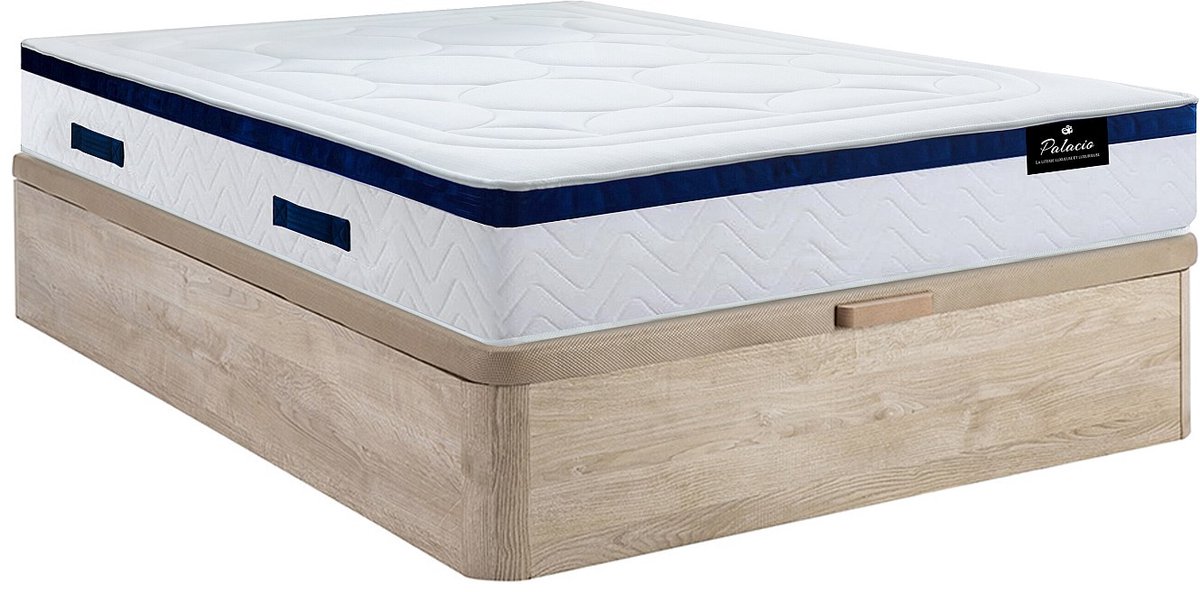 Vente-unique Bedset 140 x 190 cm - Bedbodem met lichte houtkleur en opbergruimte + hybride matras met pocketveren - MARQUIS van PALACIO