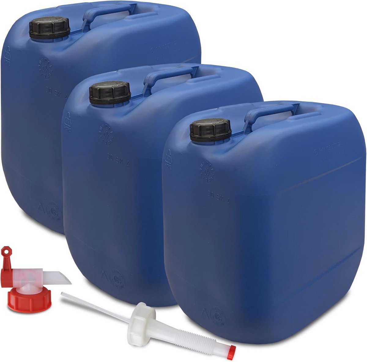 Set van 3 x 30 liter waterjerrycans met kraan, flexibele schenktuit en schroefdeksels - BPA-vrij en geschikt voor levensmiddelen