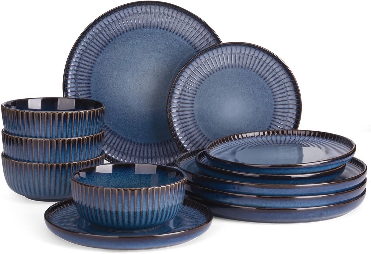 12-delig geribbeld servies voor 4 personen, anti-kras en magnetronbestendig, blauw
