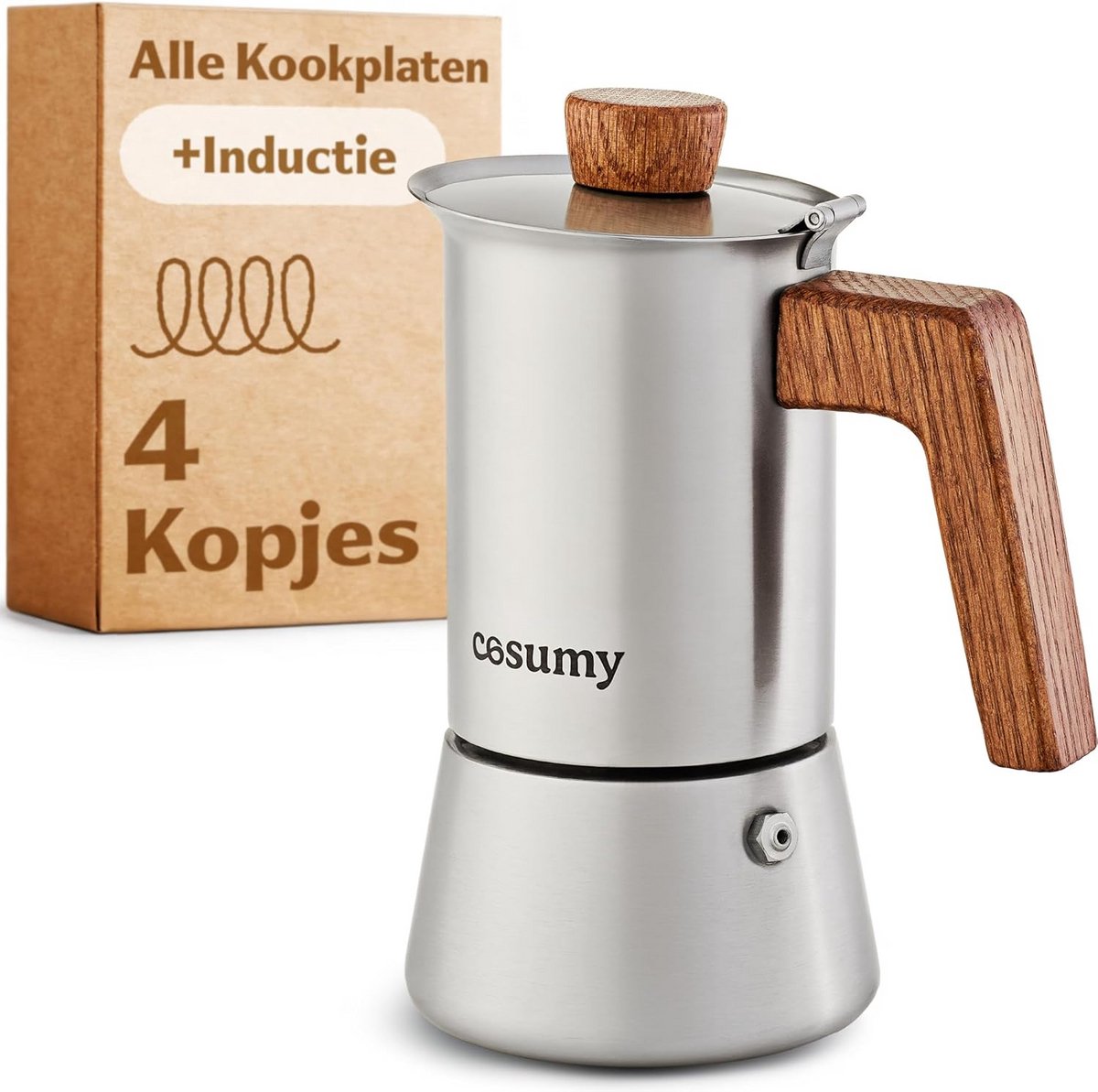 RVS Espressomaker met Eikenhouten Handvat voor 4 Kopjes - Geschikt voor Inductie
