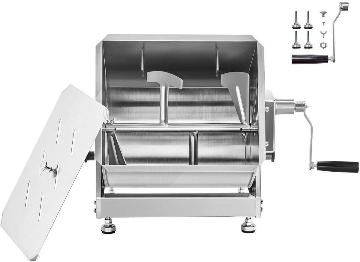 Handmatige Vleesmixer, Vleesverwerkingstool met Een Capaciteit van 15 Liter (Mixen Tot 15 Lbs), Roestvrijstalen Mixer voor Worst en Gemalen Vlees, Handbediende Mixer met Deksel, Handvat en Tandwielmechanisme