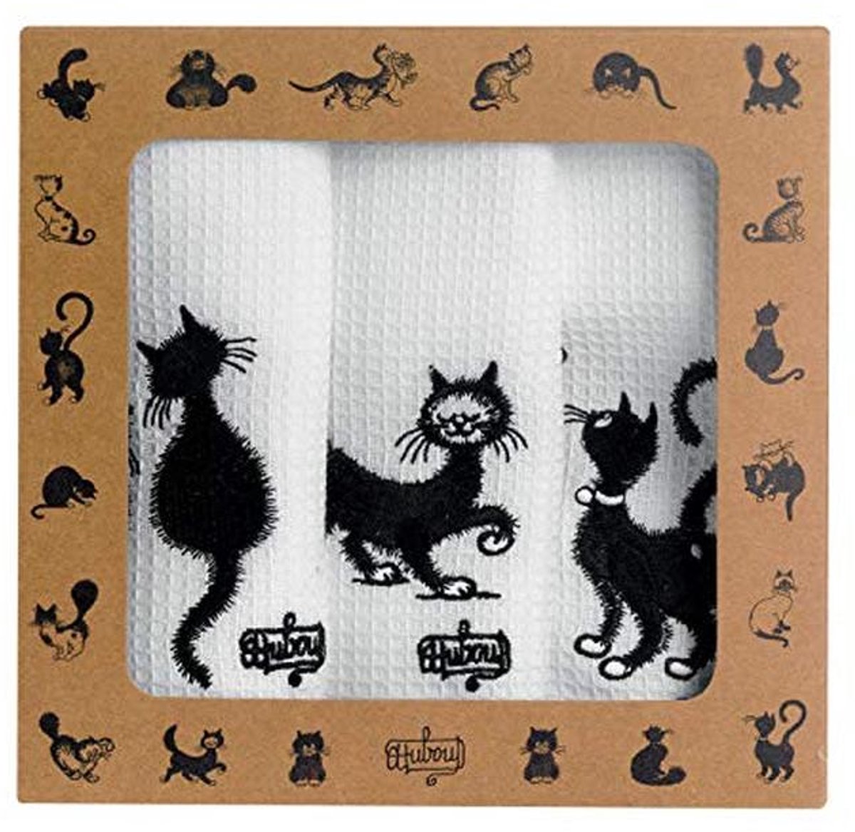Set van 3 geborduurde katoenen theedoeken met kattenmotief 40x60 cm