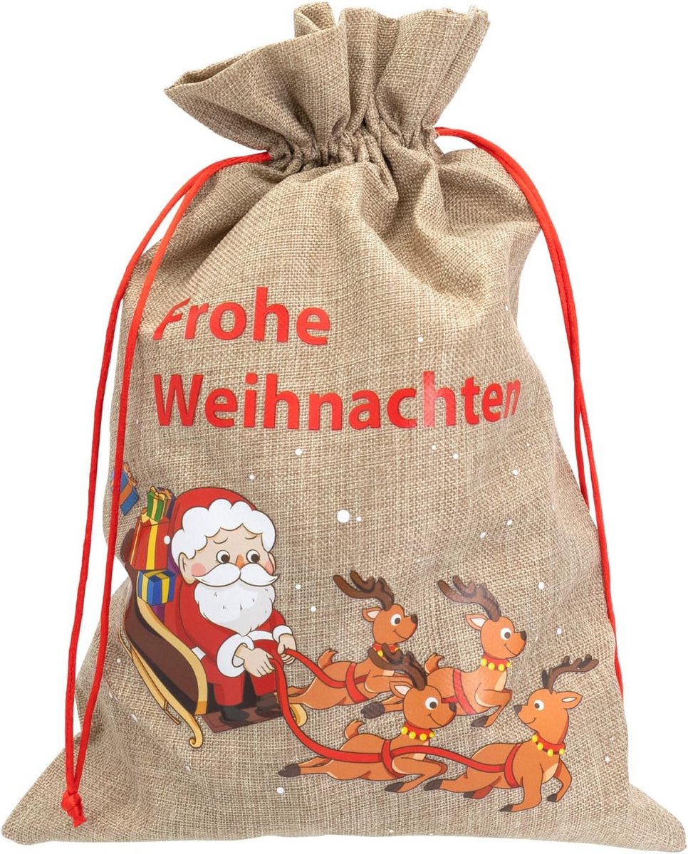 Grote Jute Kerstzak met Kerstman en Rendierslee - Cadeauzak Herbruikbaar (49x63 cm)