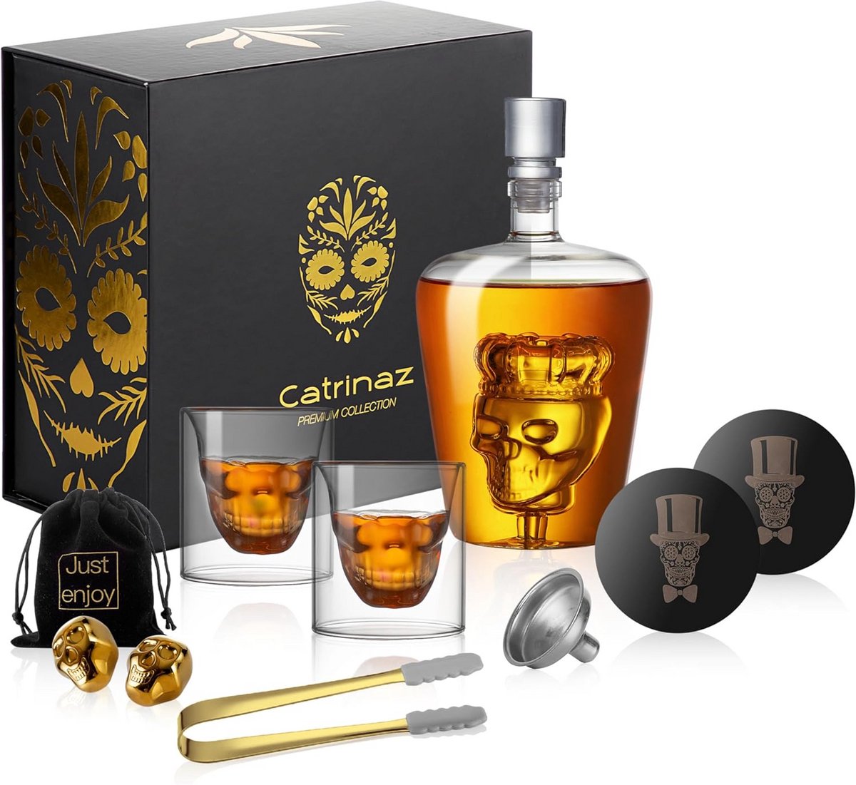 Luxe Whiskey Karaf Set met Glazen en Doodshoofd Stenen - 1L