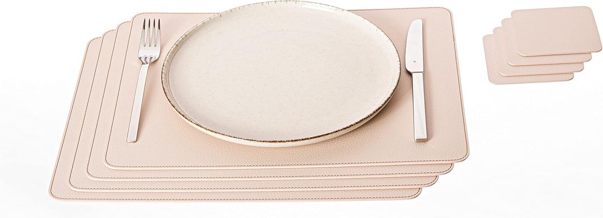 Set van 4 Placemats en Onderzetters - Tafelmatten van Gerecycled Leer (Romig Wit)