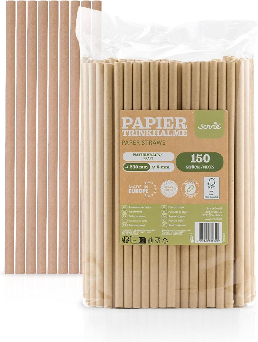 150 Natuurlijk Bruine Papieren Rietjes - 8mm x 23cm - Biologisch Afbreekbaar