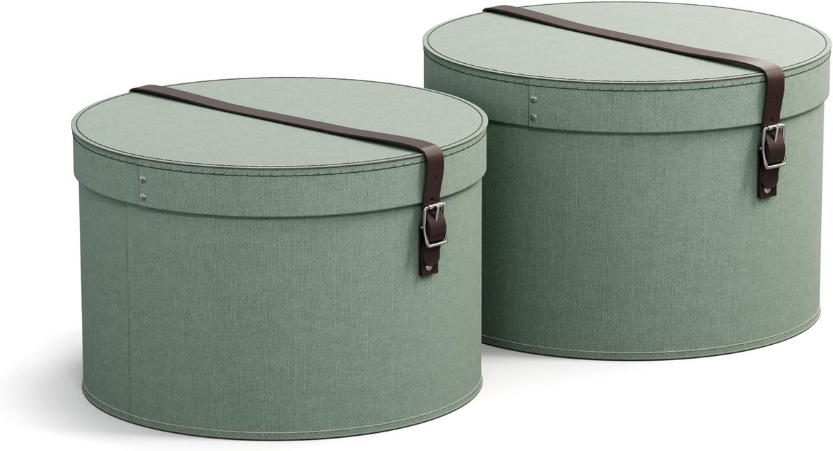 Set van 2 Ronde Opbergdozen met Deksel en Leren Handvat - Mintgroen