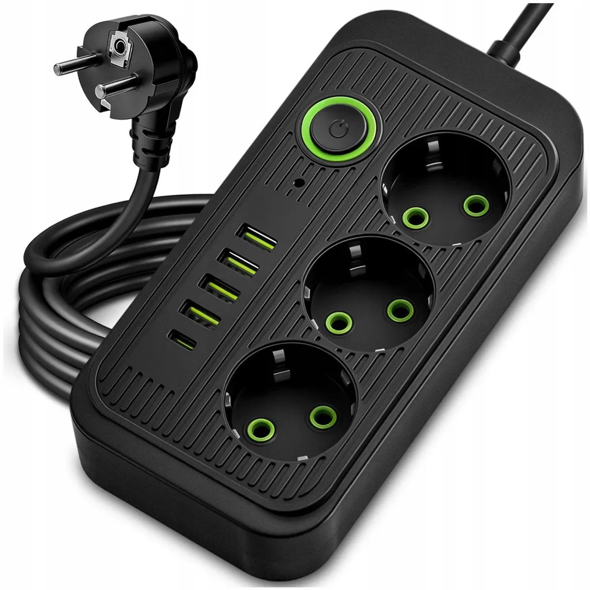 Drievoudige stekkerdoos met 2 meter kabel en 5 USB-poorten (4 USB-poorten + 1 PD-poort) – Multifunctioneel stopcontact, zwart