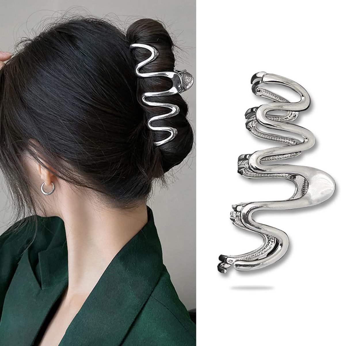 Grote Zilveren Haarclip Klem Golvend Design voor Dik en Dun Haar