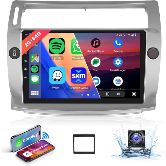 Autoradio Podofo 9" CarPlay Sans Fil Pour Citroën C4 2004-2009 - Écran Tactile Android Auto, Bluetooth, GPS, Caméra Arrière HD