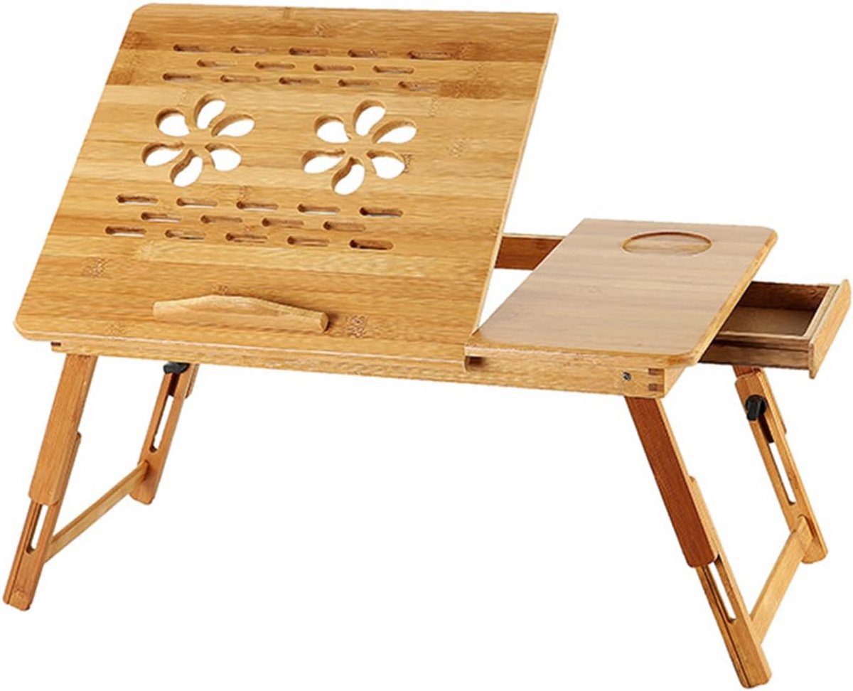 Verstelbare Bamboe Bedtafel met Lade en Ventilatiegaten - Opvouwbaar Laptop Dienblad
