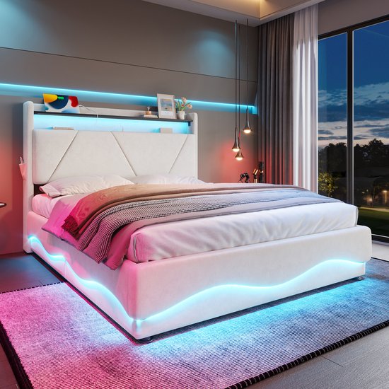 STILVORA Gestoffeerd Bed 160x200 cm - Hoofdeinde met LED en Open Plank - Gasdruk Lattenbodem - Met Opbergruimte en Zijvakjes - Fluweel - Beige - Zonder matras