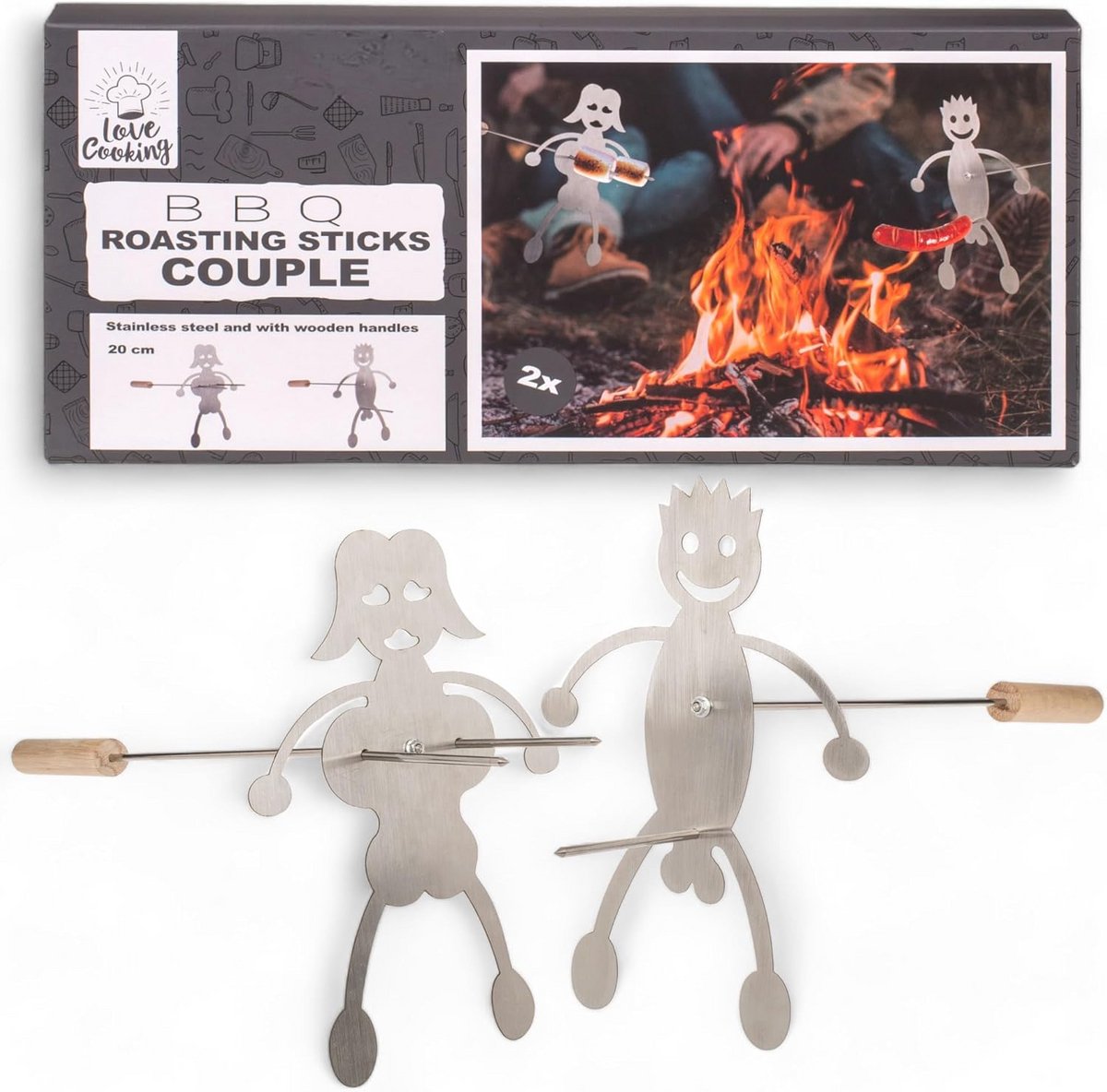 Grappige Grillspies Set voor Koppels - Roestvrij Staal met Houten Handvat - BBQ Cadeau