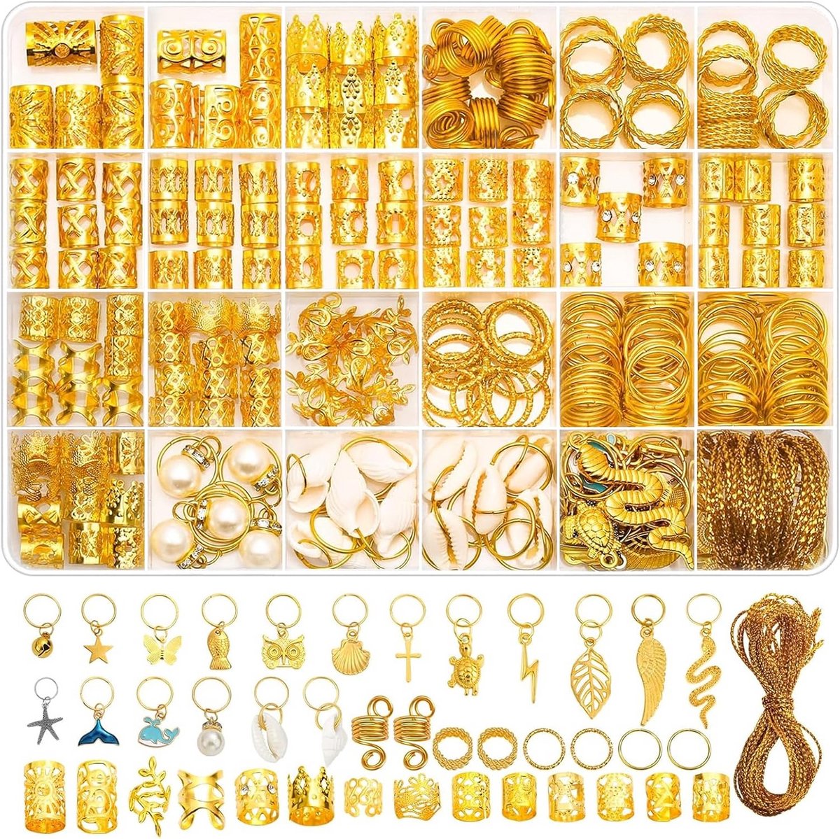285 Stuks Haarspiralen en Gouden Accessoires voor Vlechten, Dreadlocks en Haarstyling