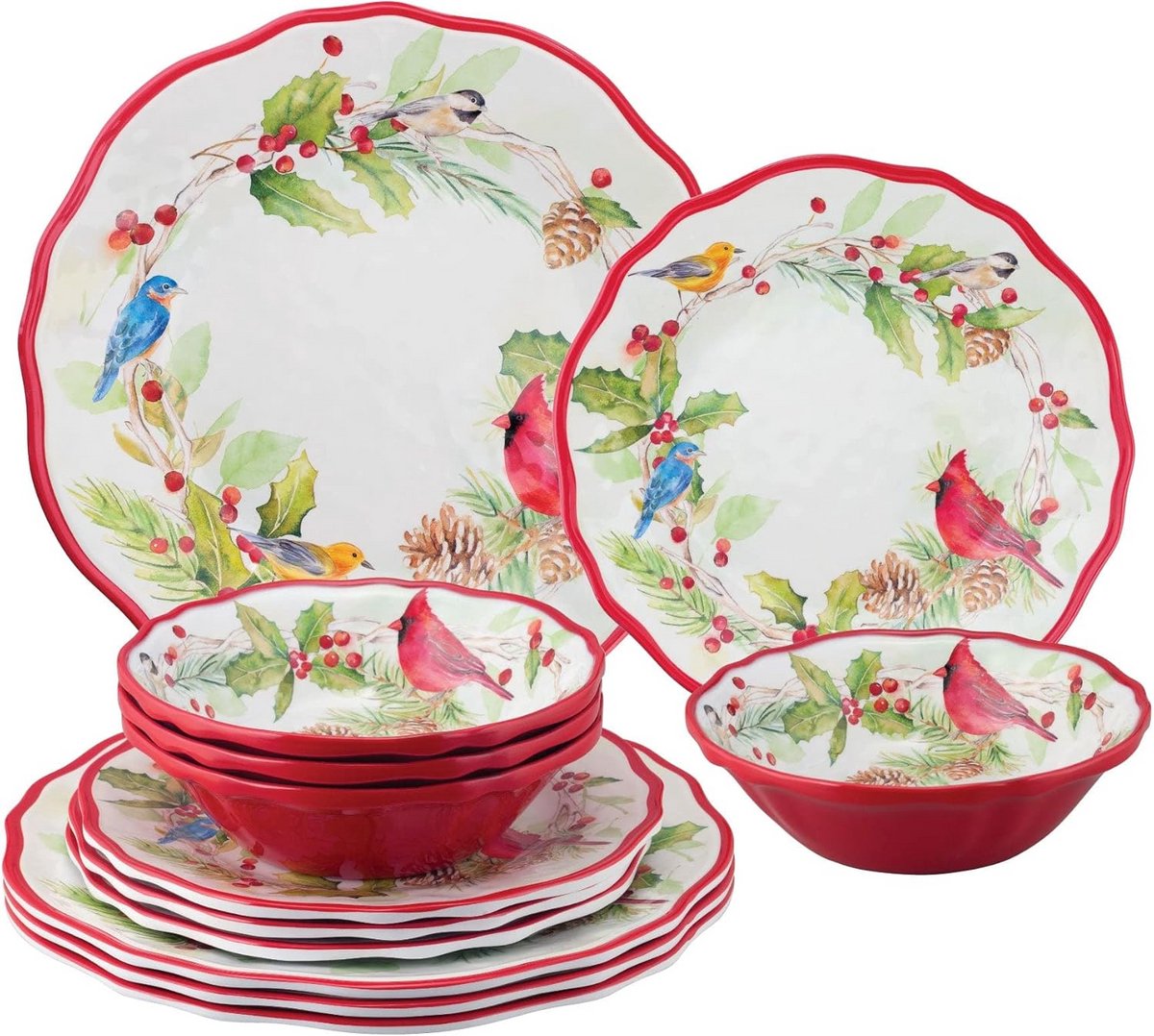 12-delige Melamine Servies Set voor 4 Personen met Wintervogels Print