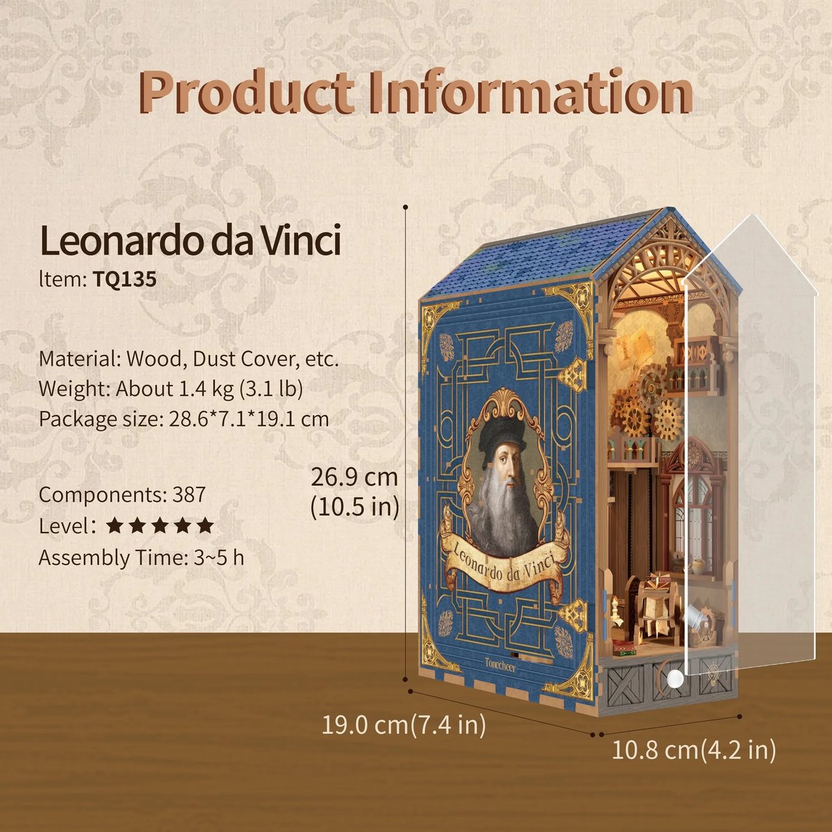 Tonecheer Leonardo da Vinci Book Nook Bouwpakket - Modelbouw - 19 x 10,8 x 26,9 cm - Houten 3D Puzzel - Boekensteun - LED-licht - Bewegingssensor Licht - Boekenhouder — afbeelding 4