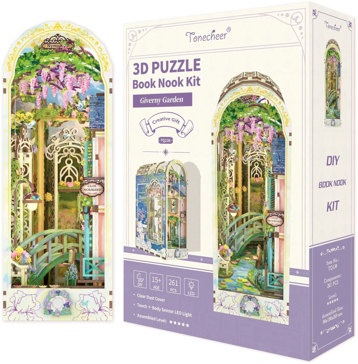 Tonecheer Giverny Garden Book Nook Bouwpakket - Modelbouw - 19 x 9,8 x 26,9 cm - Houten 3D Puzzel - Boekensteun - LED-licht - Bewegingssensor Licht - Boekenhouder — afbeelding 8