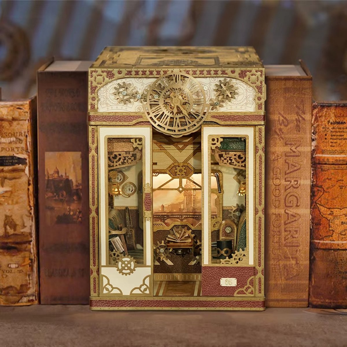 Tonecheer Steam Fantasy Book Nook Bouwpakket - Modelbouw - 15,8 x 22,4 x 22,5 cm - Houten 3D Puzzel - Boekensteun - LED-licht - Bewegingssensor Licht - Boekenhouder — afbeelding 5