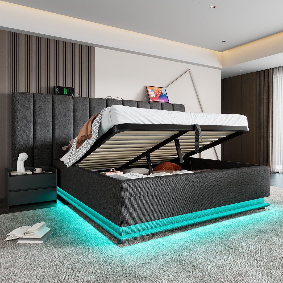 OKWISH Gestoffeerd Bed 160x200 cm - Opbergbed Met LED Verlichting En Multi-Device USB Oplaadfunctie - Tweepersoonsbed Met Lattenbodem Inclusief - Metaal - Grijs