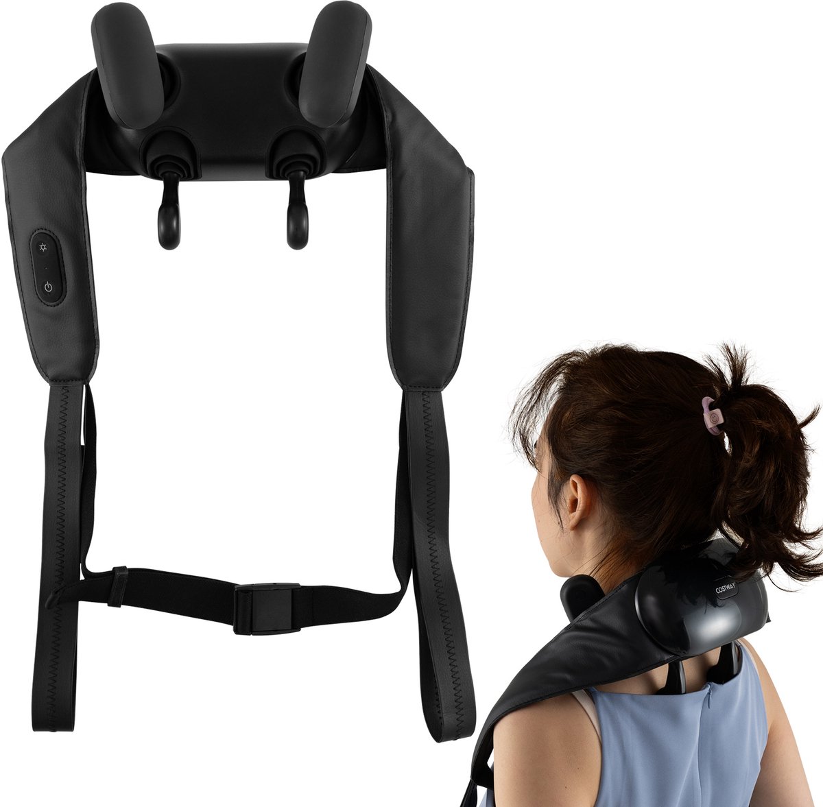 COSTWAY Nekmassageapparaat en schoudermassageapparaat, 4D kneden shiatsu massagemachine met 2 warmtestanden, draagbaar rugmassageapparaat, kneedmassageapparaat, draadloos zwart