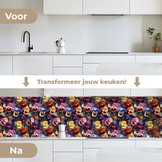 Keuken achterwand 350x60 cm - Spatscherm zelfklevend Viooltjes - Kleuren - Bloemblaadjes - Muurbeschermer - Spatwand fornuis