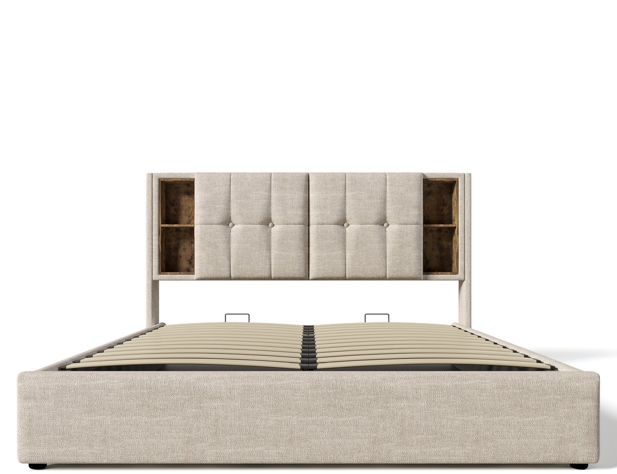 MODFU Gestoffeerd Bed 160x200 cm met Grote Opbergruimte, Gaslift Lattenbodem, Draadloos Laden en USB‑C