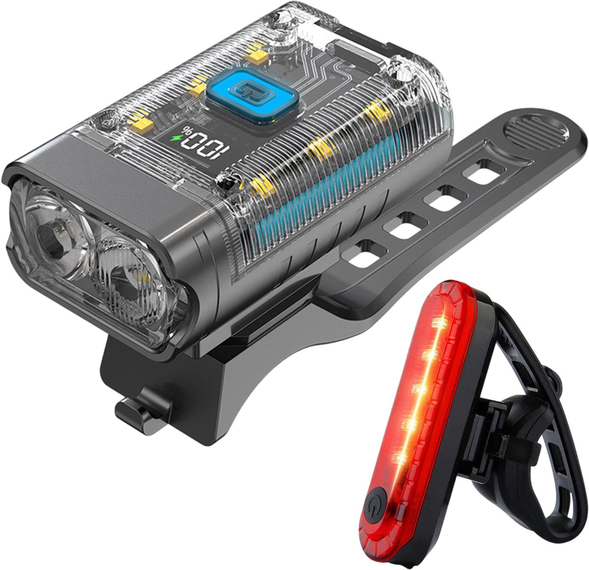 REFTTENW LED Fietsverlichting set - fietslampjes - 600 Lumen - IPX5 Waterdicht & Slagvast - Voorlicht en Achterlicht - USB Oplaadbaar - Fietslamp - Koplamp - grijs