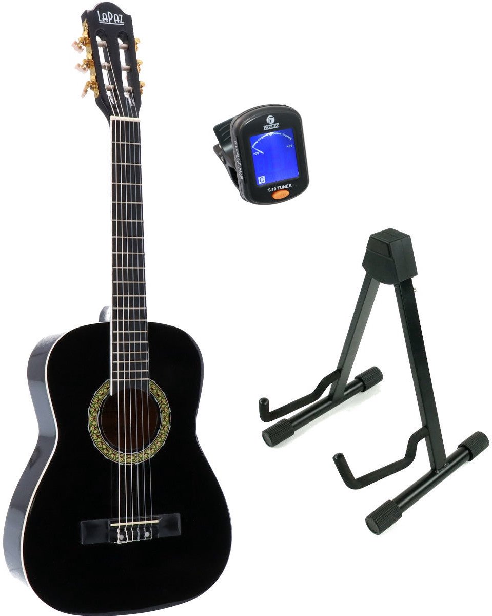 LaPaz 002 BK klassieke gitaar 1/2-formaat zwart + statief + stemapparaat
