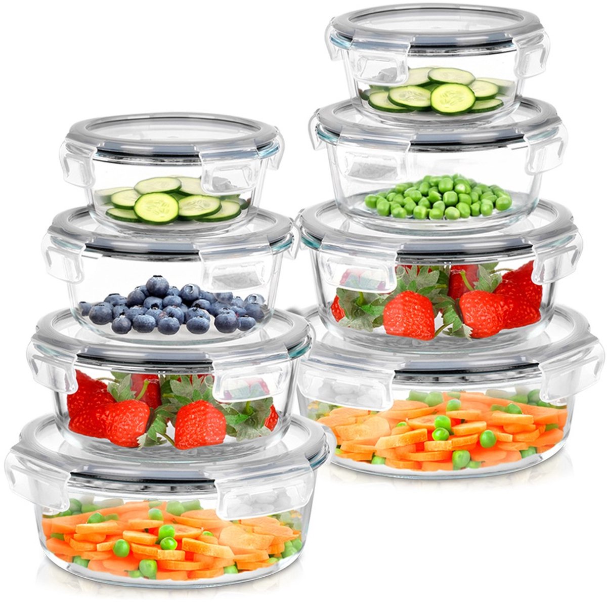 Voedselcontainers Glas met Deksel en Pakking Rond 8 stuks - Vershoudbakjes - Diepvriesbakjes - Vershouden - Bakjes