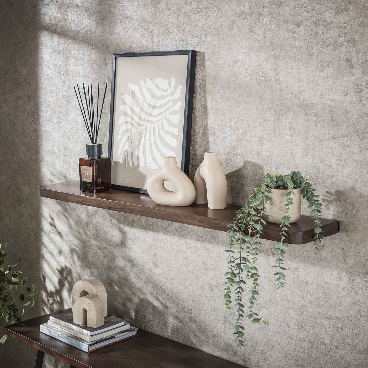 PS-Collection Wandplank Carve 120 cm - Massief Acaciahout Bruin - wandplank, wandrek industrieel, wandrek metaal zwart, wandrek rond, wandrekken, wandplank zwevend, wandplank hout