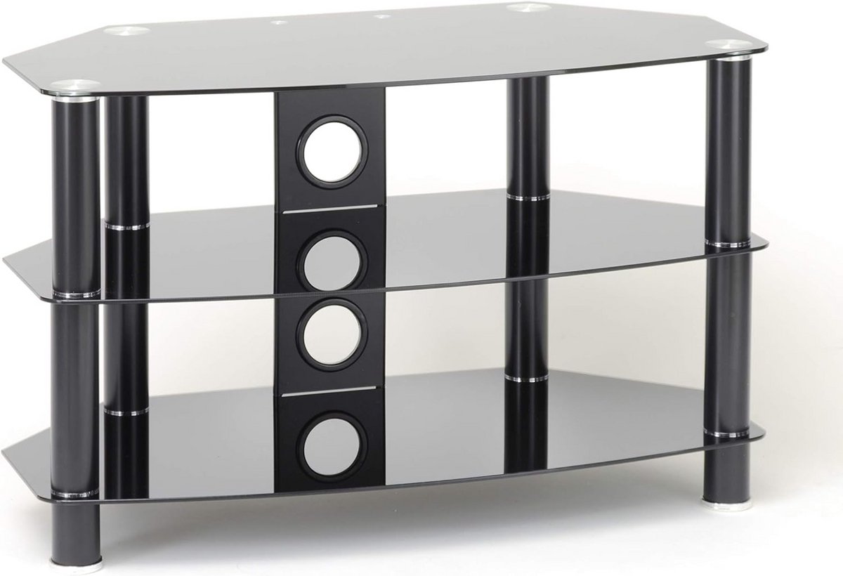 Elegante Zwarte TV Meubel van Glas met 3 Schappen voor 32 tot 55 Inch Televisies