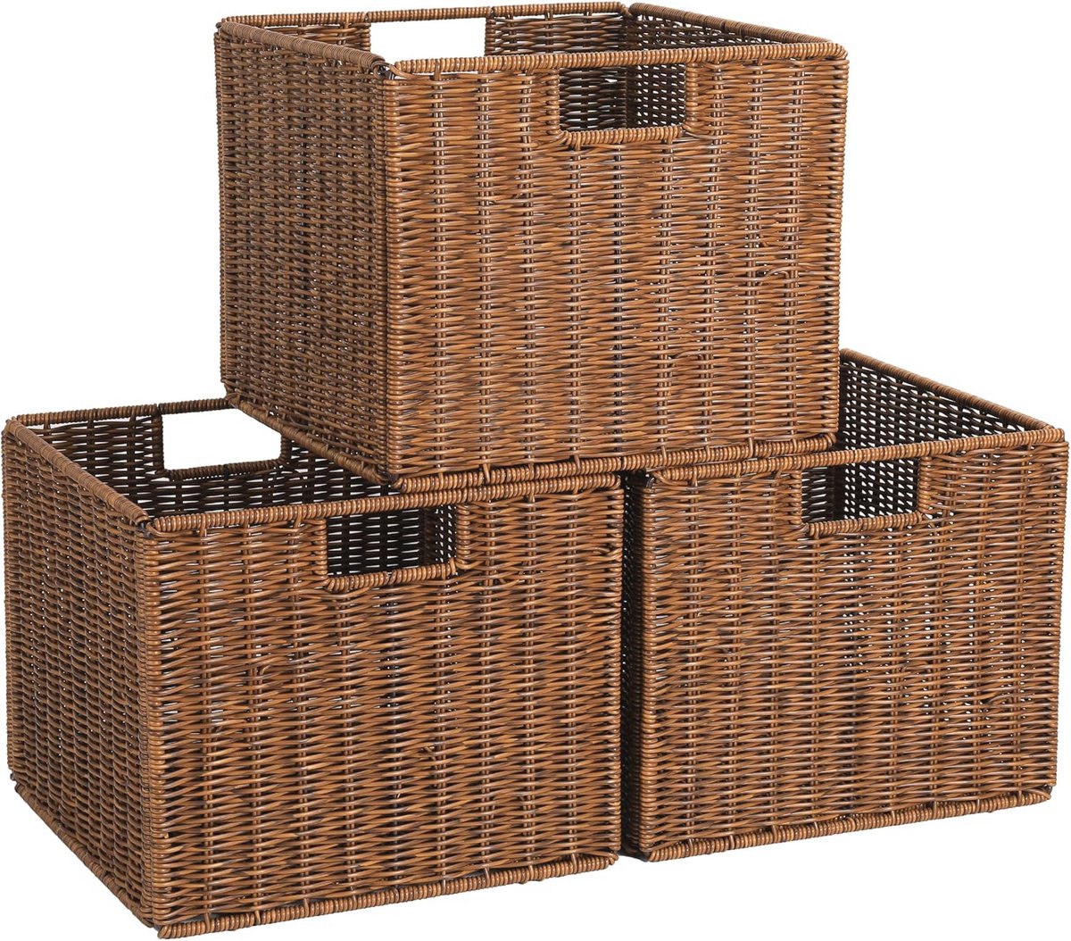 Grote Bruine Opbergmand - Gevlochten Mand voor Organisatie en Opslag - Set van 3 - Vouwmand voor Eetkamer en Rekken - 30,5 x 30,5 x 25,5 cm