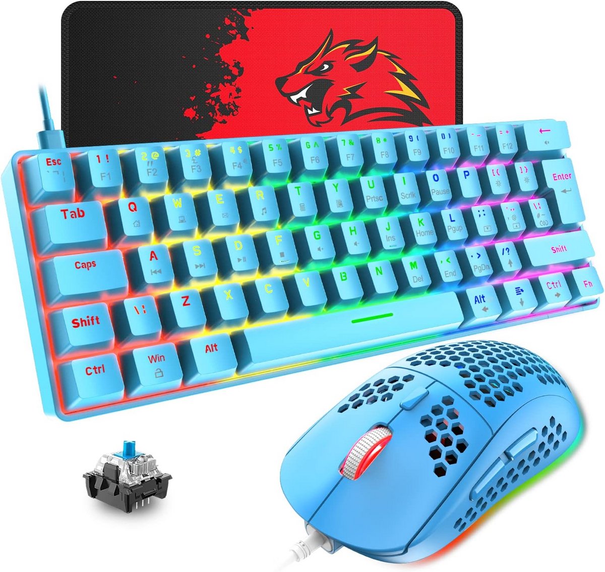 60% Compact Mechanisch Gaming Toetsenbord en Muis Set met Regenboog LED - UK Layout