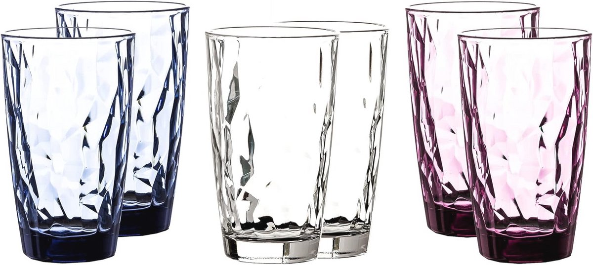 Set van 6 kleurrijke diamantwaterglazen - 470 ml - Vaatwasmachinebestendig