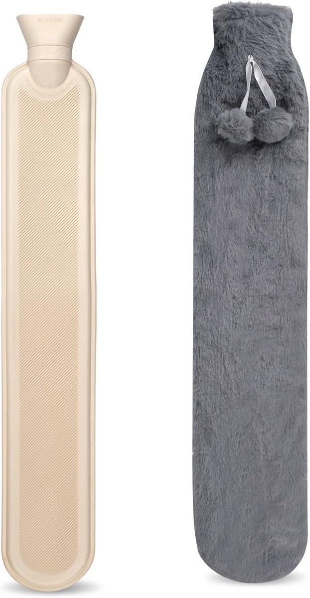 Extra Lange Warmwaterkruik met Pluche Cover - 2L Rubberen Warmwaterzak voor Nek, Taille, Buik en Benen (Donkergrijs)